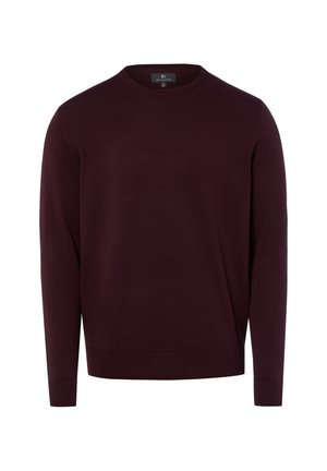 Dunkelburgunderroter Langarmpullover mit Rundhalsausschnitt, mit gerippten Bündchen und Saum, aus feinem Strickstoff gefertigt.