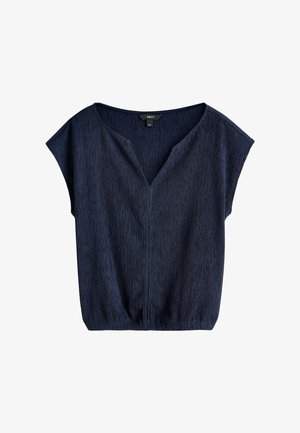 Bluză texturată bleumarin cu mâneci scurte și decolteu în V, cu tiv elastic, așezată pe un fundal alb.