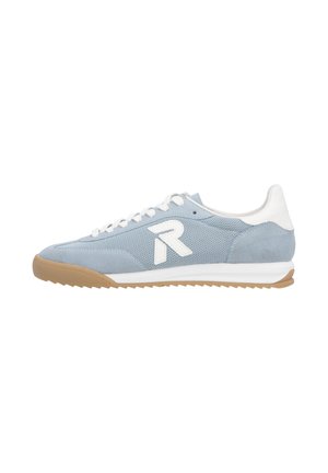 Light blue athletic shoes with a mesh and suede upper, white logo, white tongue, and gum rubber outsole. Laced design with rounded toe.