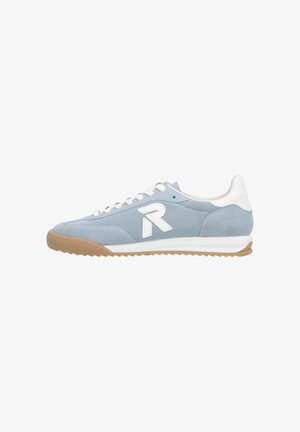 Light blue athletic shoes with a mesh and suede upper, white logo, white tongue, and gum rubber outsole. Laced design with rounded toe.