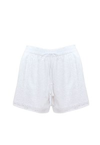 Białe szorty wykonane z haftowanej bawełny, z elastycznym pasem na sznurku i dekoracyjnymi frędzlami, z oczkowymi wzorami na całej powierzchni.
