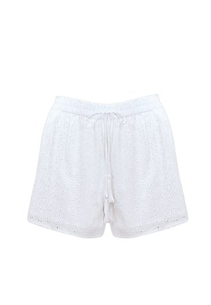 Białe szorty wykonane z haftowanej bawełny, z elastycznym pasem na sznurku i dekoracyjnymi frędzlami, z oczkowymi wzorami na całej powierzchni.