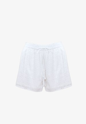 Białe szorty wykonane z haftowanej bawełny, z elastycznym pasem na sznurku i dekoracyjnymi frędzlami, z oczkowymi wzorami na całej powierzchni.