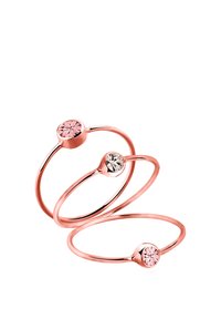 Ensemble de trois bagues en or rose, ornées de gemmes rondes : une rose et deux transparentes. Design épuré et minimaliste avec des bandes fines et des sertissages circulaires.