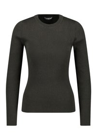 Mörkgrön, långärmad ribbstickad tröja med rund halsringning och figurnära design. Tillverkad av strukturerat stickat tyg.