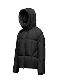 Giubbotto imbottito nero in nylon, dotato di cappuccio, chiusura con zip, maniche lunghe e design trapuntato con sezioni quadrate.