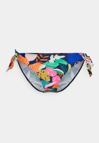 Parte inferior de biquíni em várias cores, com um padrão de folhas tropicais, feita de material elástico, com laços laterais para um ajuste ajustável.