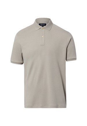 Polo beige à manches courtes avec deux boutons et un col classique, présenté sur un fond blanc.