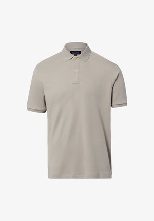 Polo beige a maniche corte con due bottoni e colletto classico, mostrata su sfondo bianco.