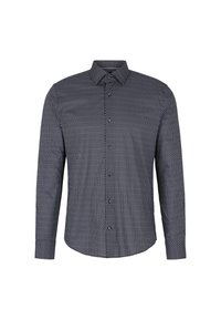 Camicia abbottonata di colore blu navy, con motivo geometrico bianco. Maniche lunghe, colletto medio e orlo dritto.