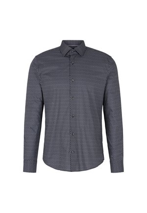 Camicia abbottonata di colore blu navy, con motivo geometrico bianco. Maniche lunghe, colletto medio e orlo dritto.