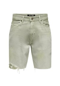 Light green denim shorts featuring a frayed hem, five pockets, and a standard button closure. Material is textured and slightly faded.