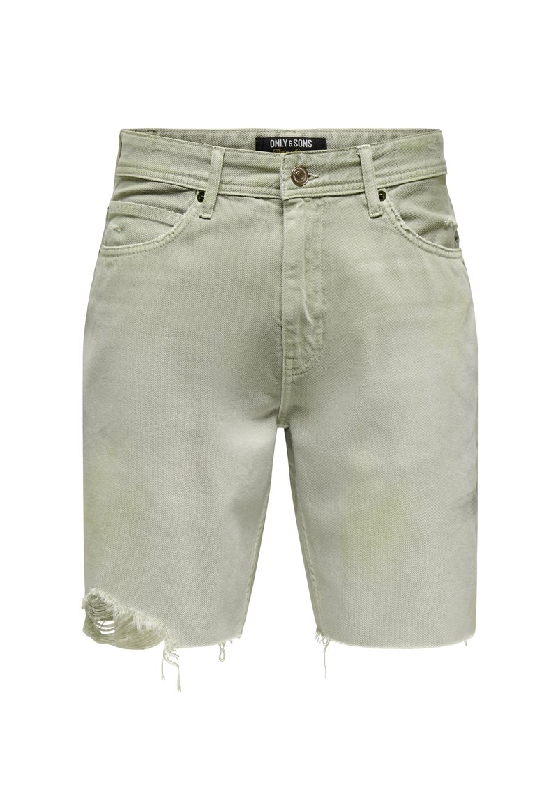 Light green denim shorts featuring a frayed hem, five pockets, and a standard button closure. Material is textured and slightly faded.