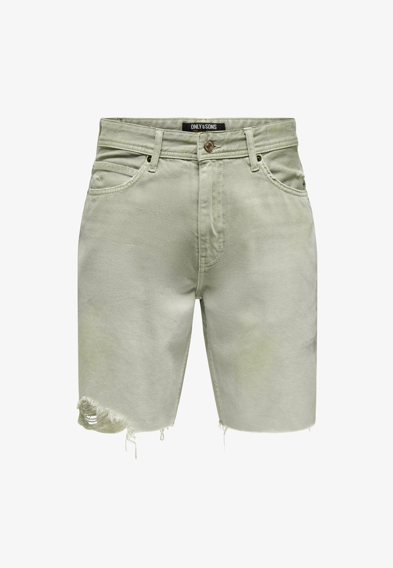 Light green denim shorts featuring a frayed hem, five pockets, and a standard button closure. Material is textured and slightly faded.