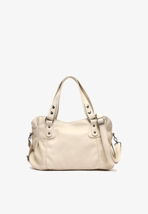 Krémová kožená kabelka s dvojitými rukoväťami, nastaviteľným ramenným popruhom a kovovými gombíkmi na popruhoch.
