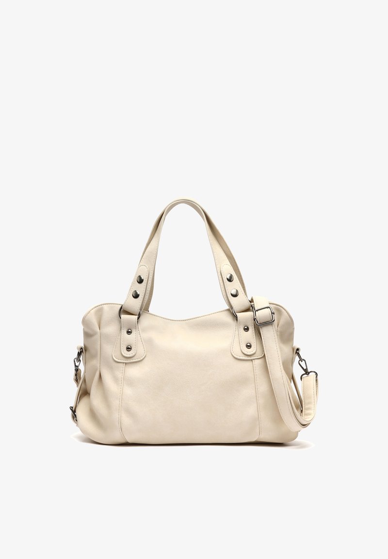 Bolso de mano de cuero color crema con doble asa, correa de hombro ajustable y detalles de botones metálicos en las correas.