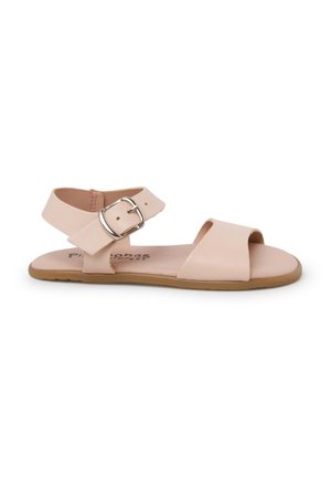 Helle rosa Leder-Sandale mit zwei breiten Riemen, einem verstellbaren Knöchelriemen mit Metallverschluss und einer flachen Gummisohle.