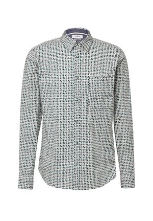 Koszula z długim rękawem zapinana na guziki z małym, ciemnozielonym okrągłym wzorem na białym tle oraz kieszenią na piersi po lewej stronie.