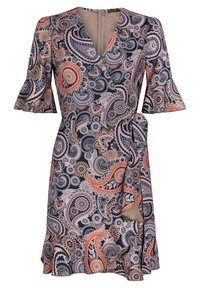 Wikkeljurk met een diepe V-hals en uitlopende mouwen. Kenmerkt zich door een marineblauwe achtergrond met bloemen- en paisleypatronen in roze, oranje en beige.