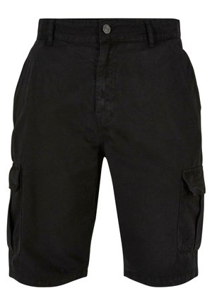 Schwarze Cargo-Shorts aus Baumwolle, mit Knopfverschluss, zwei seitlichen Taschen und einer lässigen Passform. Glatte Textur mit minimalen Details.