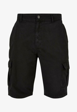 Shorts cargo noirs en coton, avec une fermeture à bouton, deux poches latérales et une coupe décontractée. Texture lisse avec un minimum de détails.