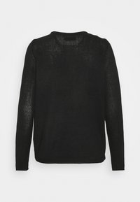 Pull en tricot noir avec un col rond classique, des manches longues et un tissu texturé offrant une coupe ample. La vue arrière révèle un design épuré.
