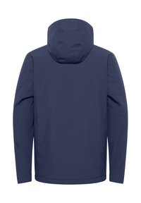 Veste imperméable bleu marine avec capuche, texture lisse et manches longues. Dotée d'un ourlet droit et d'un design minimaliste. Vue arrière montrée.