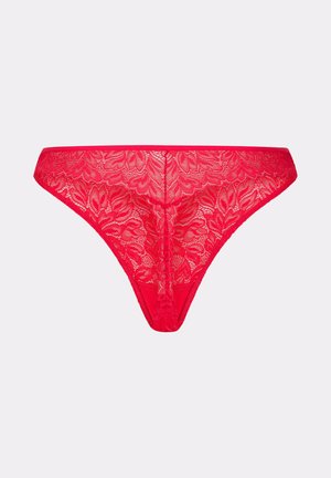 Rote Spitzen-Bikini-Damenunterwäsche mit Blumenmuster, nahtlosen Kanten und durchsichtigem Stoff vor hellem, einfarbigem Hintergrund.