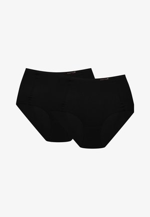 Two pairs of black high-waisted panties made from ribbed material, featuring a smooth waistband, no patterns, and simple design.