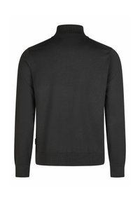 Schwarzer Strickpullover mit hohem Kragen, langen Ärmeln und gerippten Bündchen und Saum. Einfaches, klares Design ohne sichtbare Muster oder Akzente.