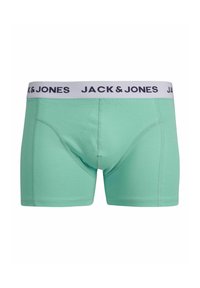 Boxeri scurți de culoare verde mentă, din bumbac moale, cu un elastic alb pe talie, pe care este imprimat "JACK & JONES" cu litere de culoare albastru închis.