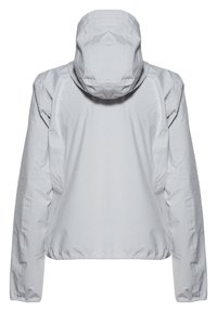 Lys grå hættejakke med elastiske manchetter og kant, fremstillet af et glat, vandafvisende stof og med et minimalistisk design.