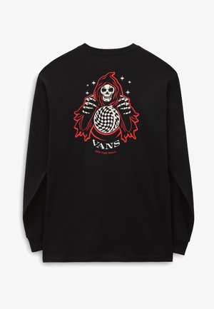 Black long-sleeve t-shirt featuring a red and white graphic of a skeleton in a hooded cloak holding a patterned ball, with the text "VANS OFF THE WALL."