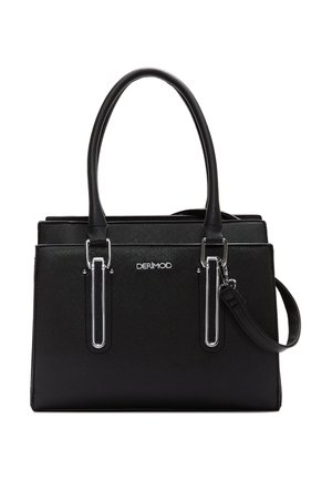 Borsa nera realizzata in materiale testurizzato, con due manici superiori, dettagli in metallo argentato e una tracolla removibile.