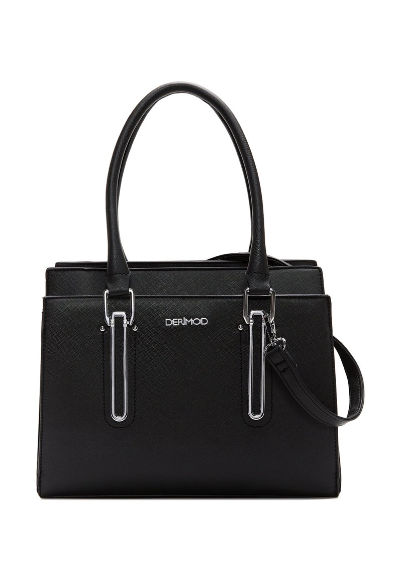 Sac à main noir en matériau texturé, doté de deux poignées supérieures, d'accents en métal argenté et d'une bandoulière amovible.