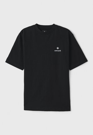 Black cotton t-shirt with a round neckline, short sleeves, and a small white logo reading “snow peak” on the left chest. Simple design.