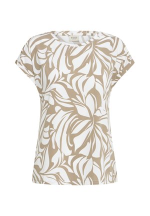 Blouse à manches courtes beige à motifs floraux blancs avec un col rond et une coupe décontractée.