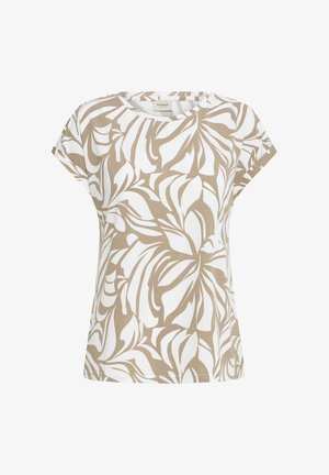 Blouse à manches courtes beige à motifs floraux blancs avec un col rond et une coupe décontractée.