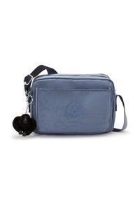 Borsa a tracolla blu in nylon con superficie testurizzata, tasca frontale con zip, tracolla regolabile e un portachiavi a forma di scimmia nera come accent. 