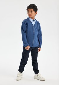 Blue knitted cardigan with a v-neck, button closure, worn over a light blue collared shirt. Paired with dark navy cargo pants and white sneakers.