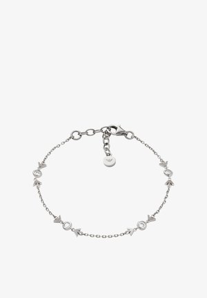 Silberne Kettenarmband mit geometrischen Akzenten und runden Steinen. Karabinerverschluss mit einem kleinen gravierten Anhänger.