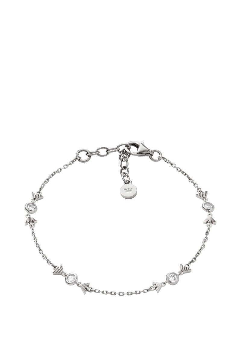 Silver kedjebracelet med geometriska detaljer och cirkulära stenar. Karbinhake med en liten ingraverad berlock.