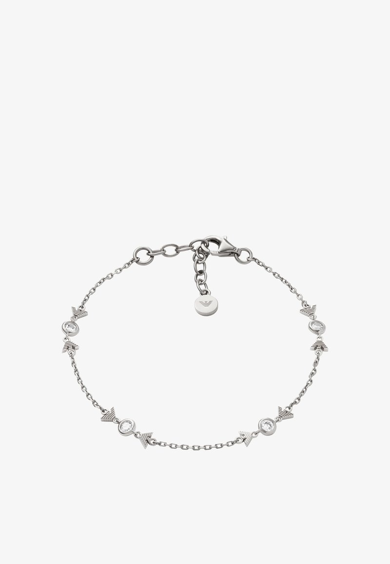 Silberne Kettenarmband mit geometrischen Akzenten und runden Steinen. Karabinerverschluss mit einem kleinen gravierten Anhänger.
