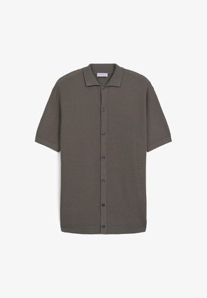 Kurze Ärmel, dunkelgraue Strickjacke mit Knopfverschluss und klassischem Kragen, flach auf einem weißen Hintergrund ausgelegt.