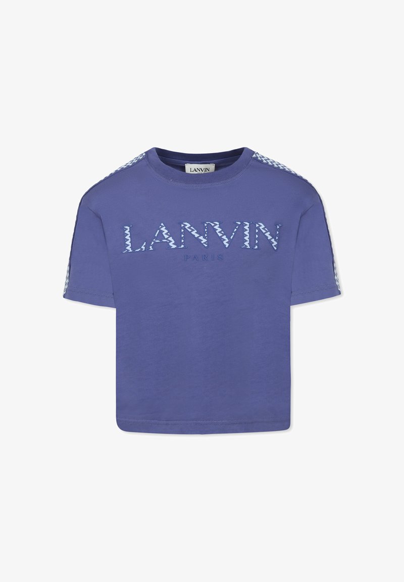 Paarse katoenen t-shirt met een blauw-witte zigzagpatroon op de mouwen, met het "LANVIN PARIS" logo in contrasterende blauwe letters op de voorkant.