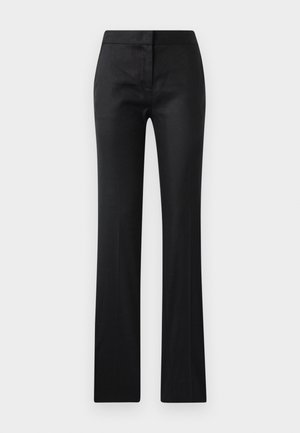 Black, fitted trousers with a smooth texture, a slightly shiny finish, and a straight-leg cut. No visible hardware or patterns.