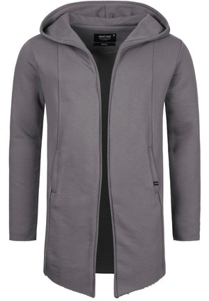 Grauer Kapuzensweatshirt mit langen Ärmeln, Fronttaschen und offenem Design. Hergestellt aus weichem Stoff mit glatter Textur.