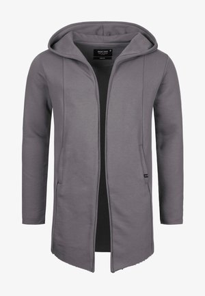 Gray hooded sweatshirt with long sleeves, front pockets, and an open design. Made of soft fabric with a smooth texture.