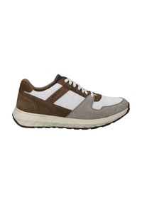 Sneaker na sznurówki wykonany z brązowego zamszu, białej siateczki i szarego zamszu. Posiada teksturowaną podeszwę oraz logo na boku.