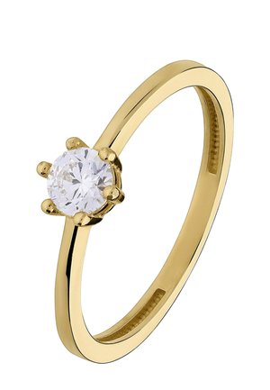 Gold ring with a single round clear diamond held by six prongs on a smooth, polished band.